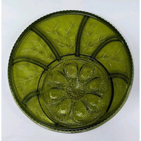 Vintage MCM Indiana Glass Tree of Life Green Deviled Egg & Relish Platter 13” - Picture 6 of 9